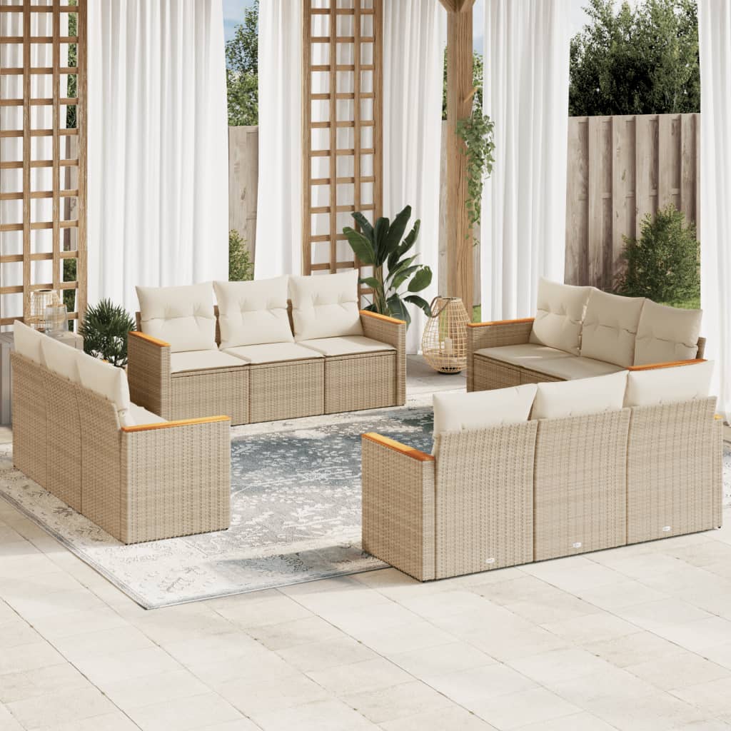 vidaXL 12-tlg. Garten-Sofagarnitur mit Kissen Beige Poly Rattan