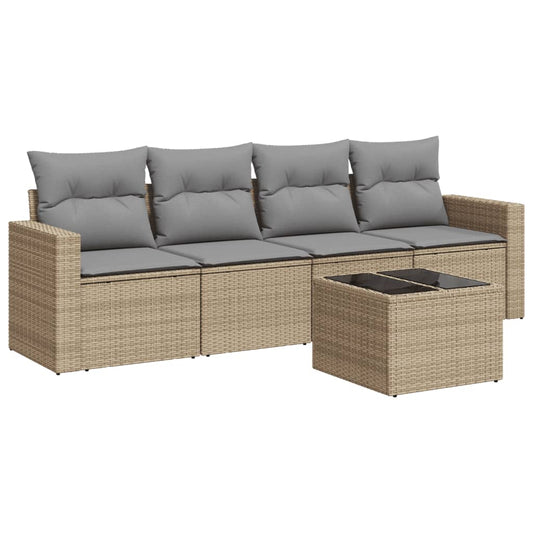 vidaXL 5-tlg. Garten-Sofagarnitur mit Kissen Beige Poly Rattan