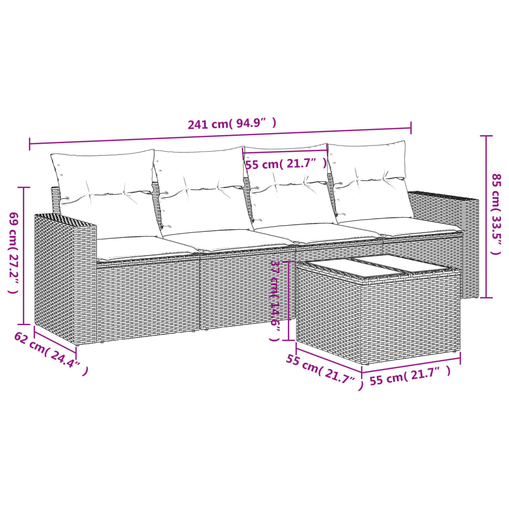 vidaXL 5-tlg. Garten-Sofagarnitur mit Kissen Beige Poly Rattan