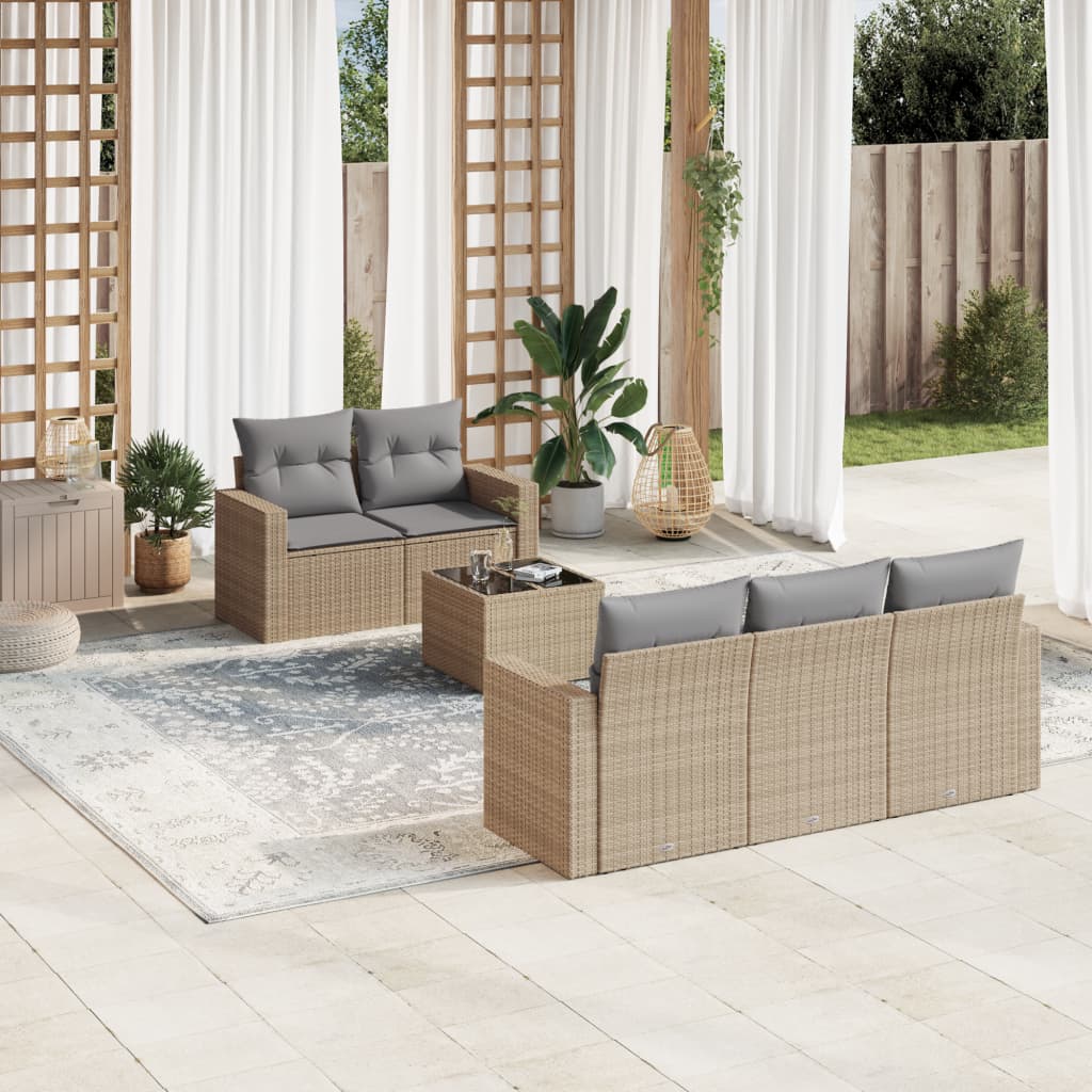 vidaXL 6-tlg. Garten-Sofagarnitur mit Kissen Beige Poly Rattan