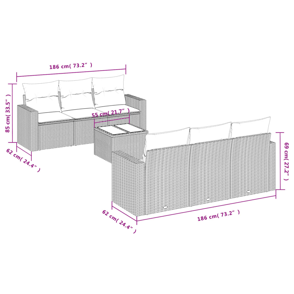 vidaXL 7-tlg. Garten-Sofagarnitur mit Kissen Grau Poly Rattan