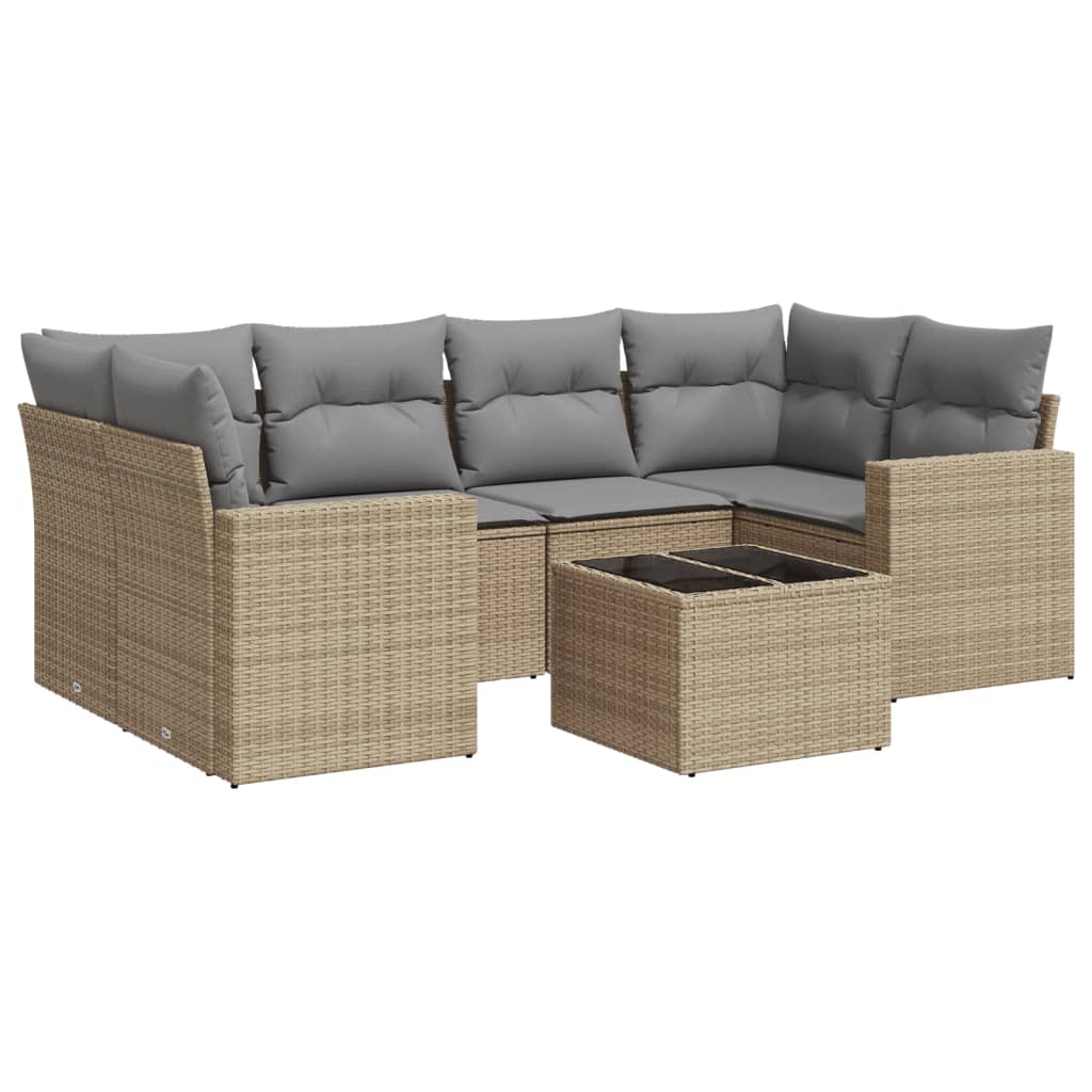 vidaXL 7-tlg. Garten-Sofagarnitur mit Kissen Beige Poly Rattan