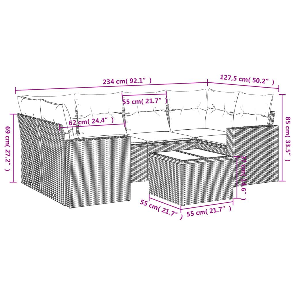 vidaXL 7-tlg. Garten-Sofagarnitur mit Kissen Beige Poly Rattan