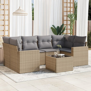 vidaXL 7-tlg. Garten-Sofagarnitur mit Kissen Beige Poly Rattan