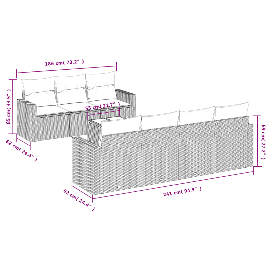 vidaXL 8-tlg. Garten-Sofagarnitur mit Kissen Grau Poly Rattan