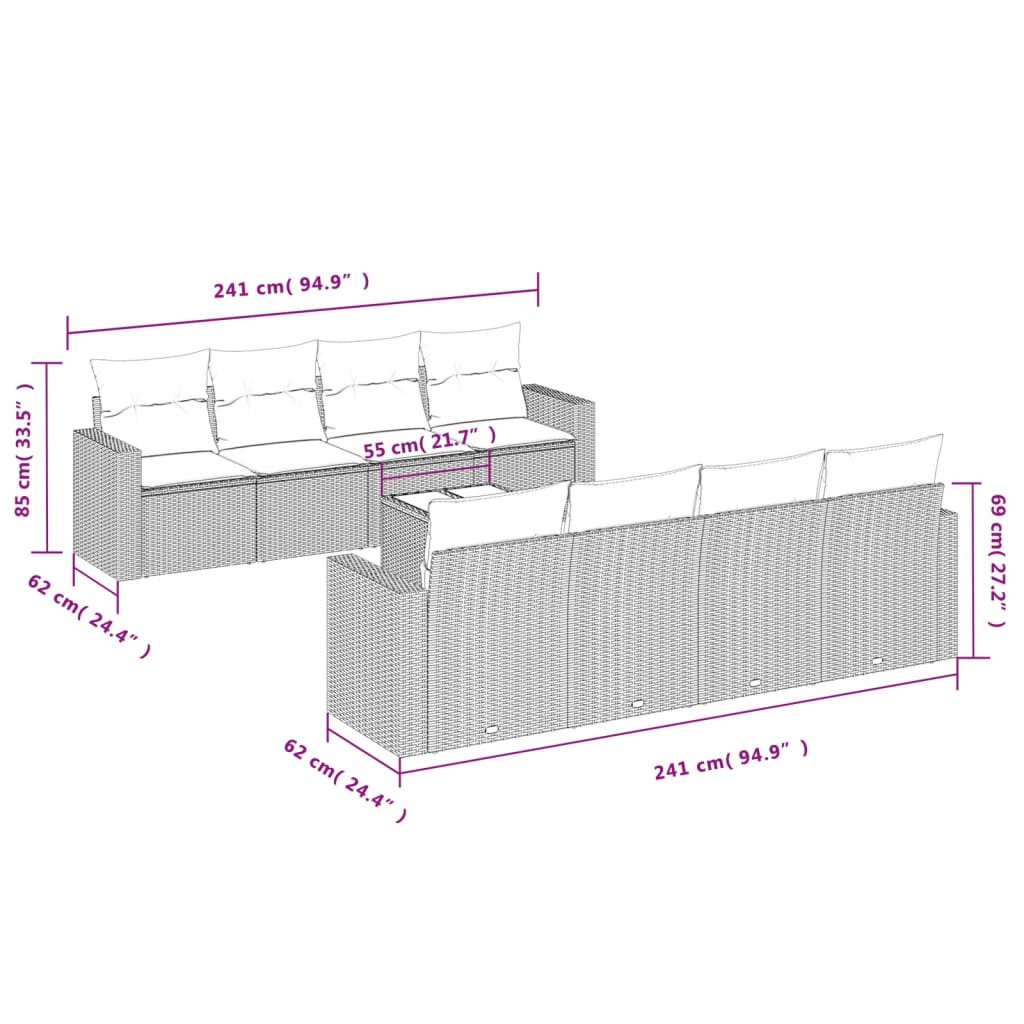 vidaXL 9-tlg. Garten-Sofagarnitur mit Kissen Beige Poly Rattan