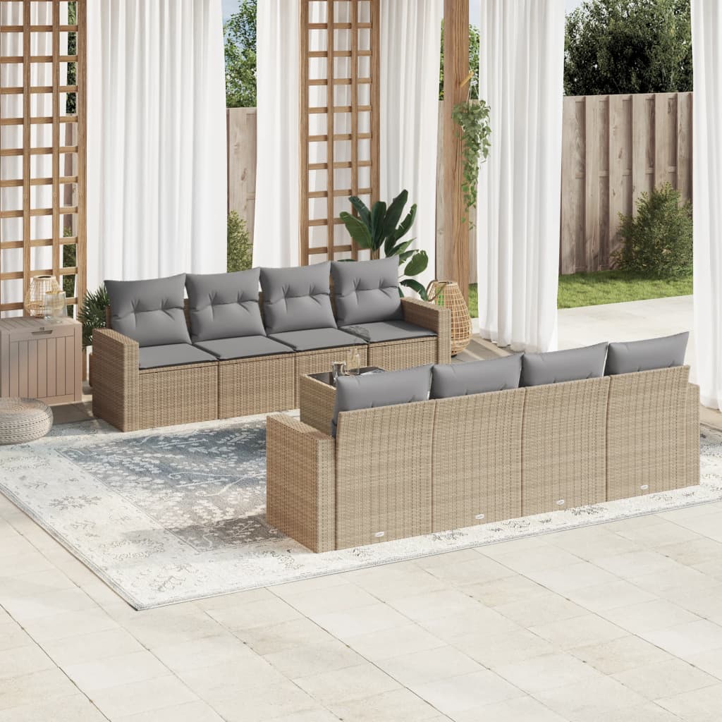 vidaXL 9-tlg. Garten-Sofagarnitur mit Kissen Beige Poly Rattan