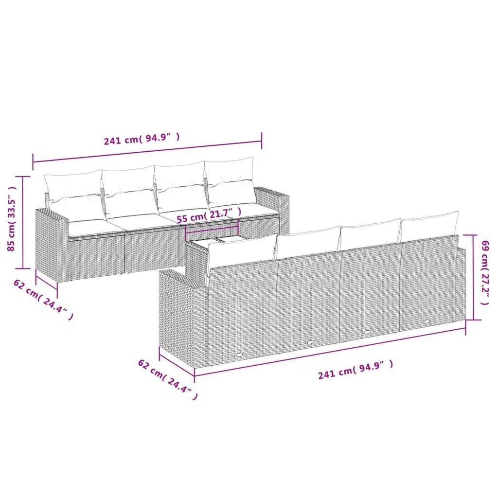 vidaXL 9-tlg. Garten-Sofagarnitur mit Kissen Grau Poly Rattan