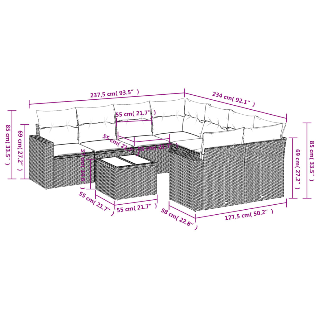 9-tlg. Garten-Sofagarnitur mit Kissen Beige Poly Rattan