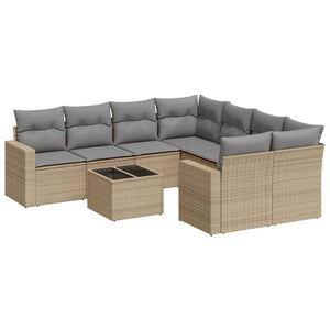 vidaXL 9-tlg. Garten-Sofagarnitur mit Kissen Beige Poly Rattan