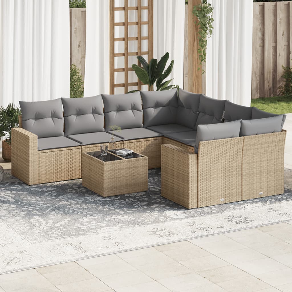 vidaXL 9-tlg. Garten-Sofagarnitur mit Kissen Beige Poly Rattan