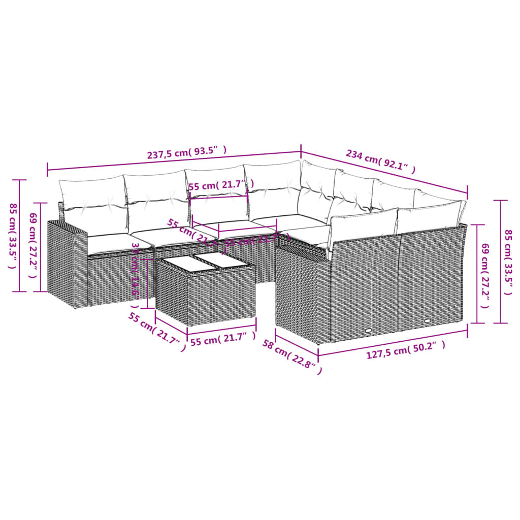 9-tlg. Garten-Sofagarnitur mit Kissen Hellgrau Poly Rattan