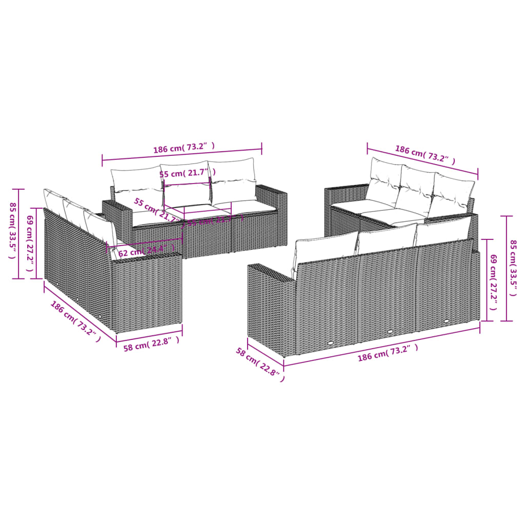 vidaXL 12-tlg. Garten-Sofagarnitur mit Kissen Beige Poly Rattan