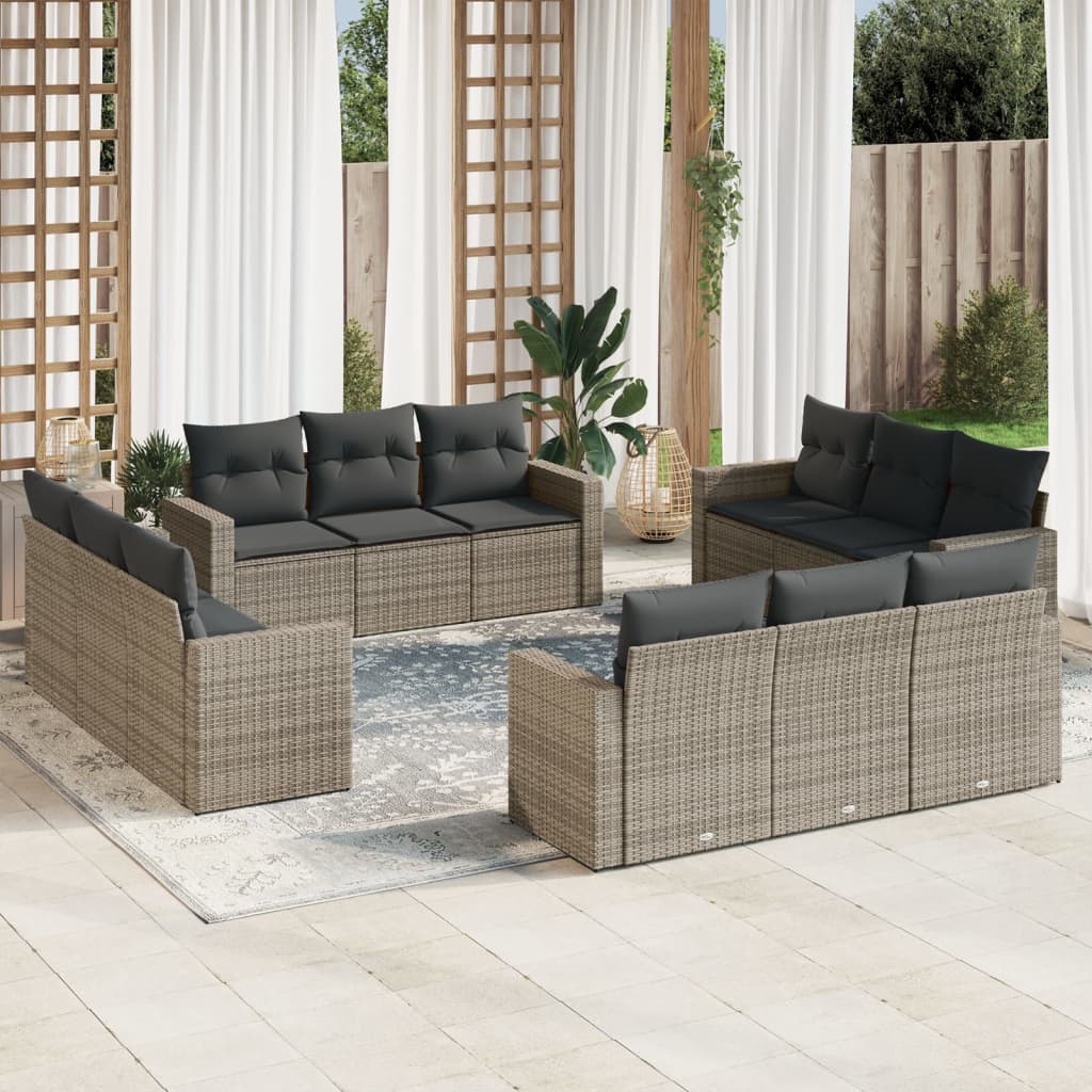 vidaXL 12-tlg. Garten-Sofagarnitur mit Kissen Grau Poly Rattan