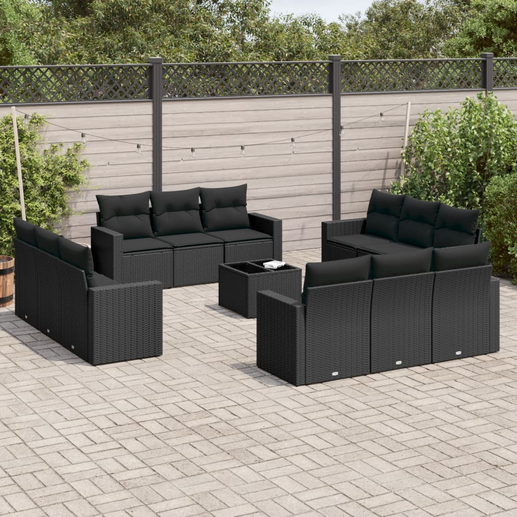 vidaXL 13-tlg. Garten-Sofagarnitur mit Kissen Schwarz Poly Rattan