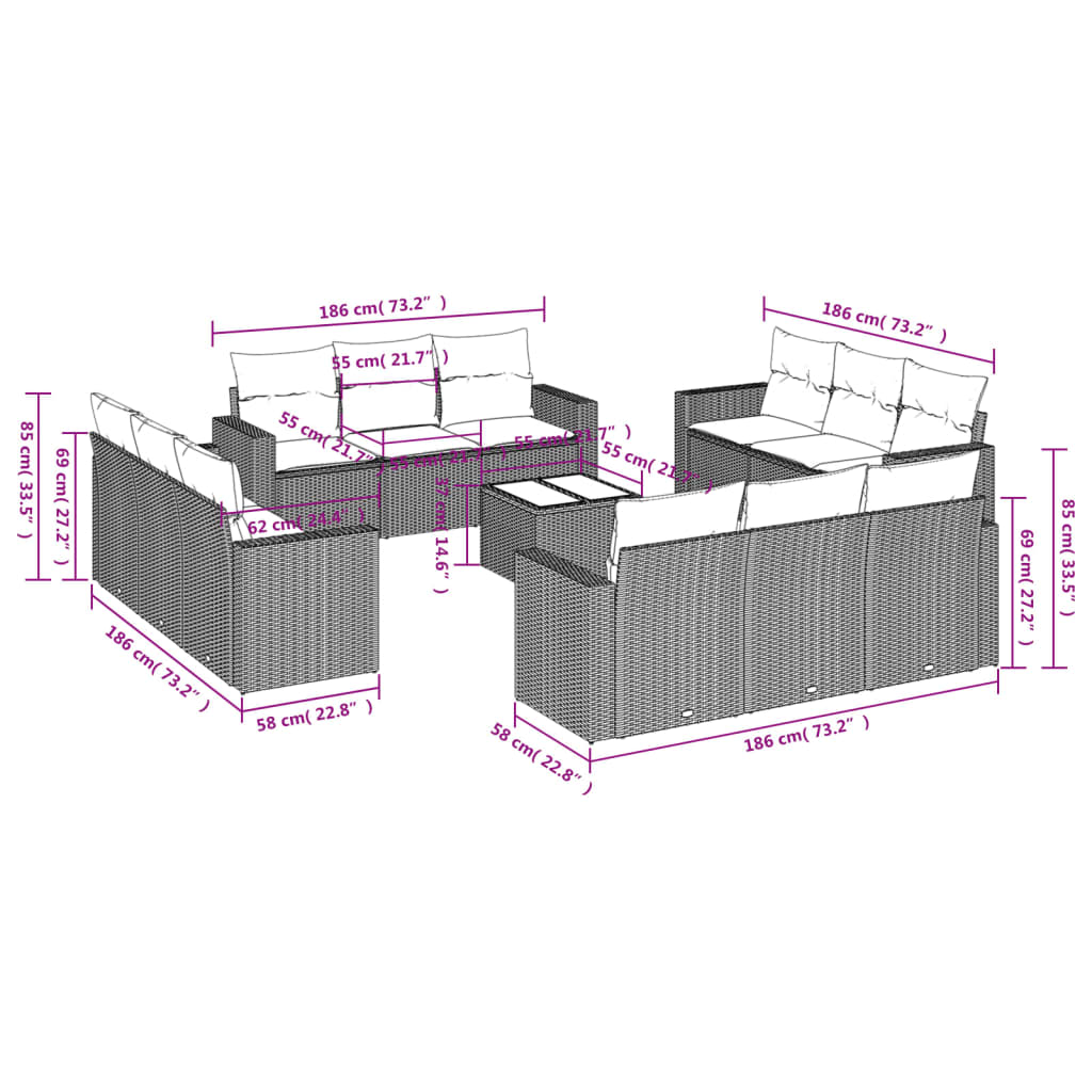 vidaXL 13-tlg. Garten-Sofagarnitur mit Kissen Beige Poly Rattan