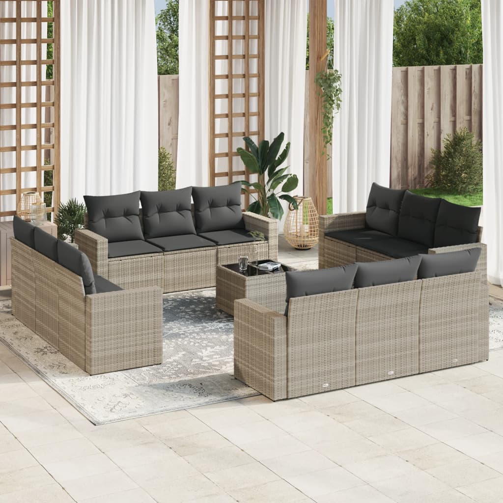 vidaXL 13-tlg. Garten-Sofagarnitur mit Kissen Hellgrau Poly Rattan