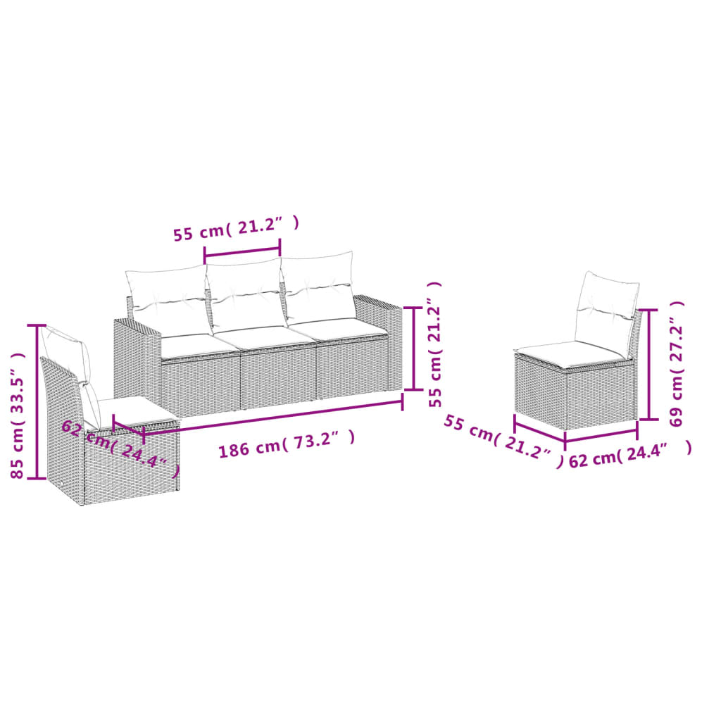 vidaXL 5-tlg. Garten-Sofagarnitur mit Kissen Beige Poly Rattan