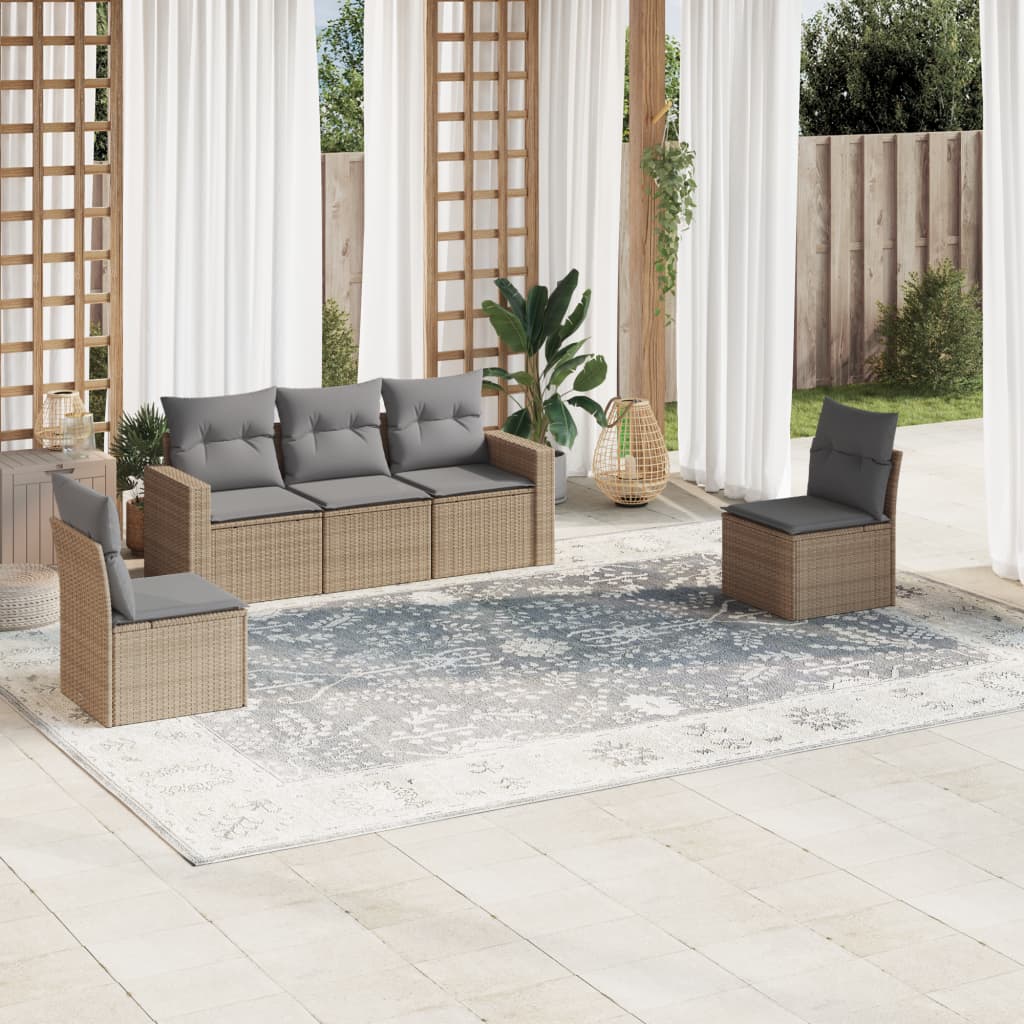 vidaXL 5-tlg. Garten-Sofagarnitur mit Kissen Beige Poly Rattan