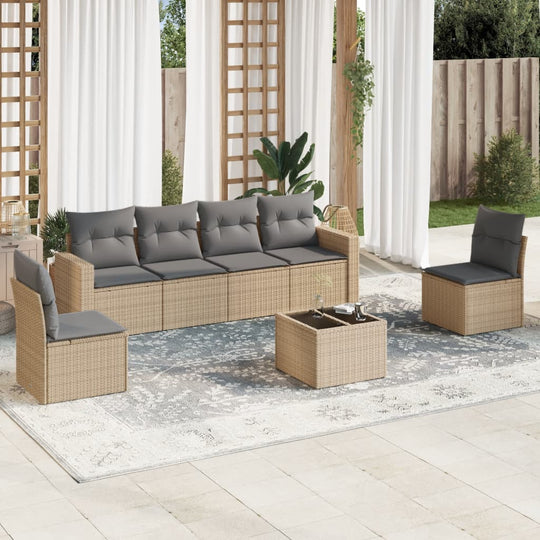 vidaXL 7-tlg. Garten-Sofagarnitur mit Kissen Beige Poly Rattan