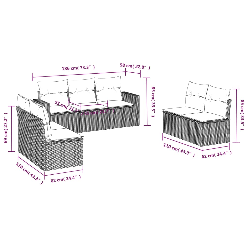 vidaXL 7-tlg. Garten-Sofagarnitur mit Kissen Schwarz Poly Rattan