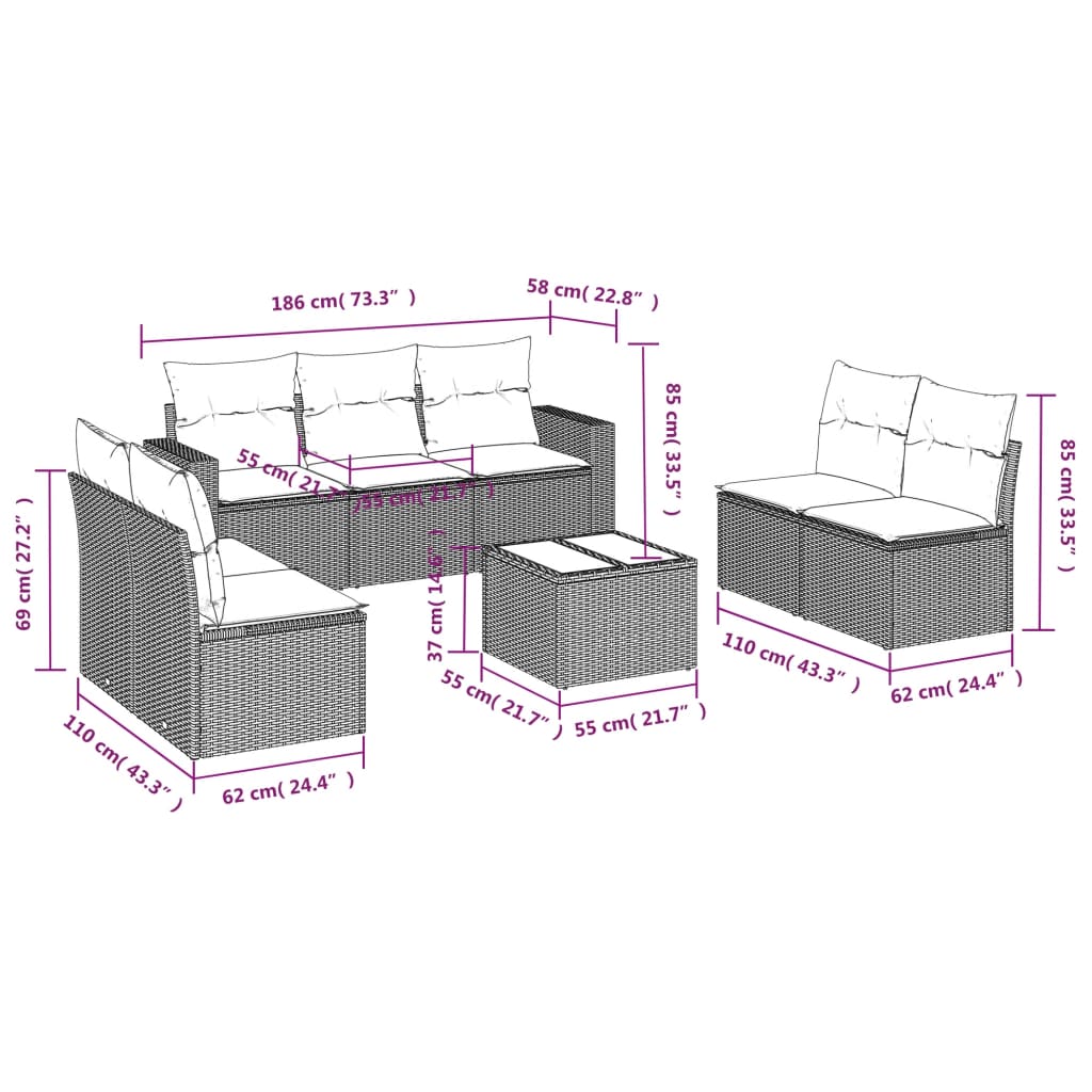 vidaXL 8-tlg. Garten-Sofagarnitur mit Kissen Beige Poly Rattan