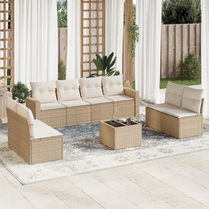 vidaXL 9-tlg. Garten-Sofagarnitur mit Kissen Beige Poly Rattan