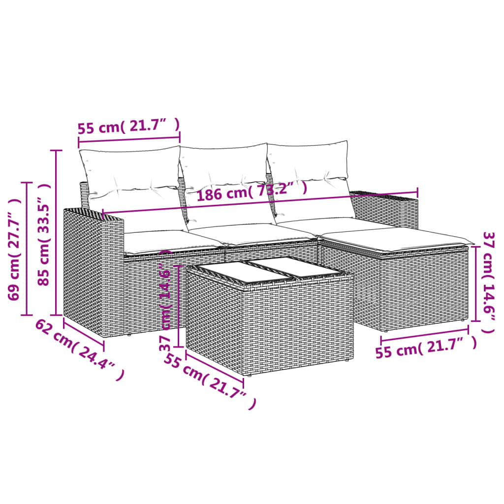 vidaXL 5-tlg. Garten-Sofagarnitur mit Kissen Beige Poly Rattan