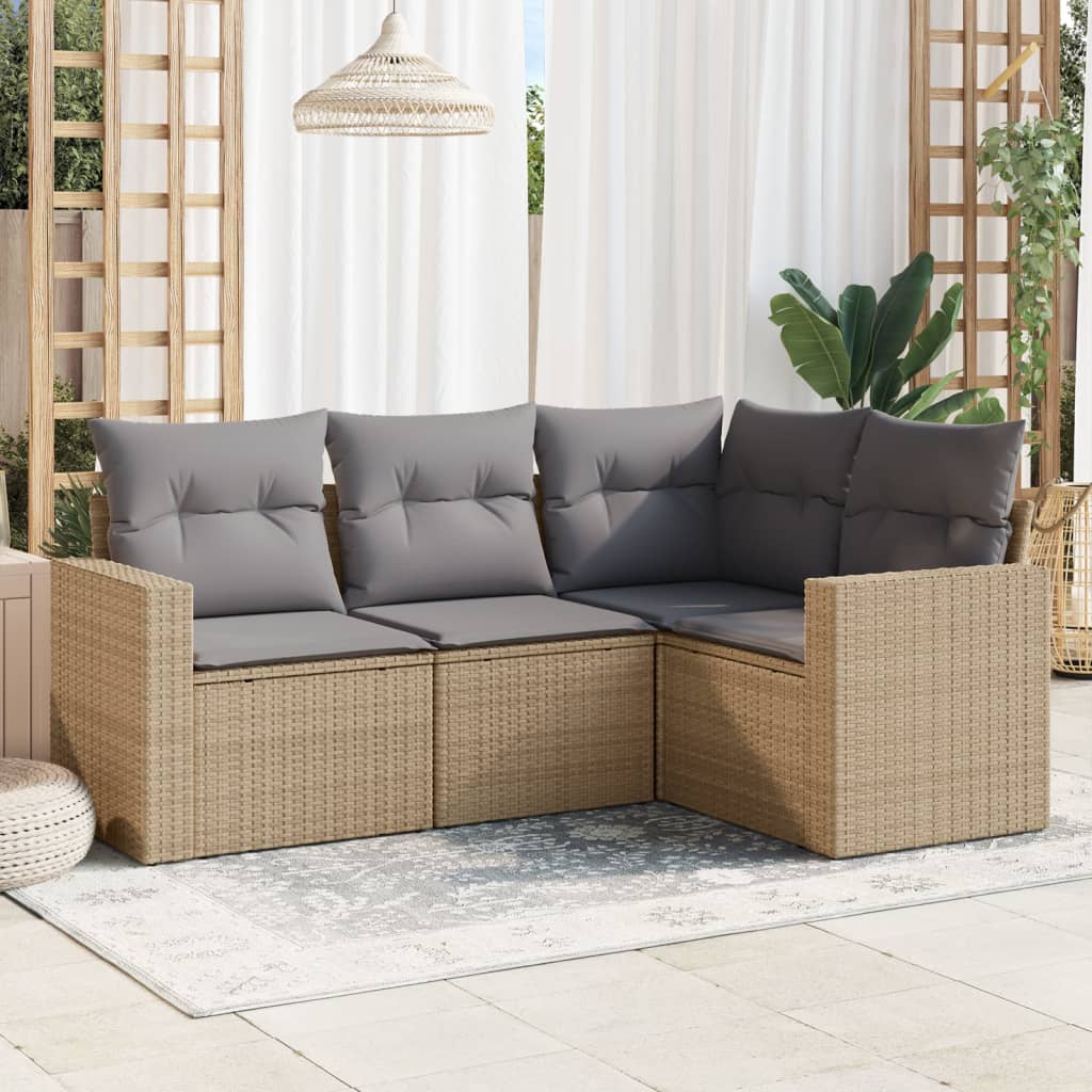 vidaXL 4-tlg. Garten-Sofagarnitur mit Kissen Beige Poly Rattan