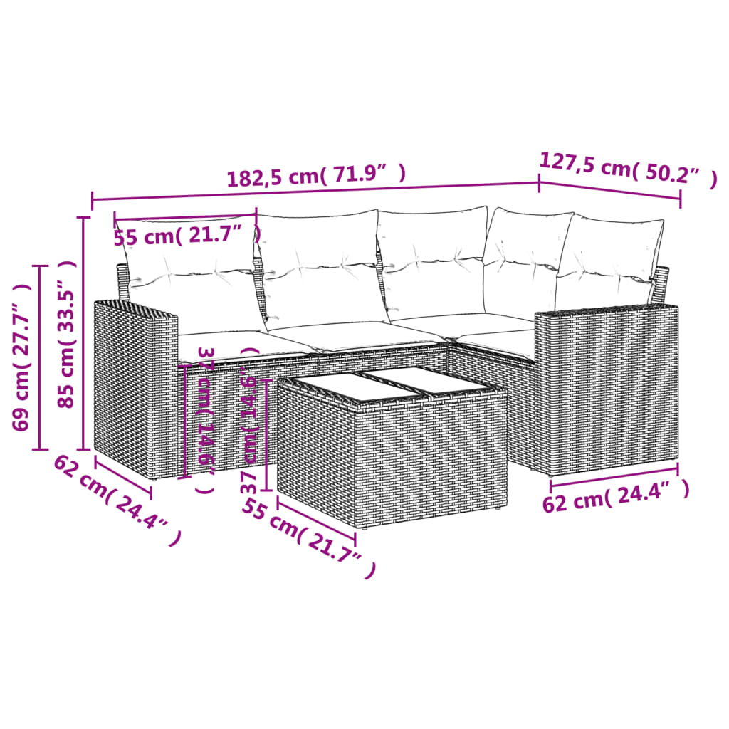 vidaXL 5-tlg. Garten-Sofagarnitur mit Kissen Beige Poly Rattan