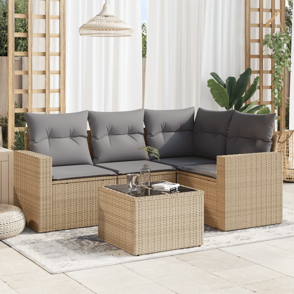 vidaXL 5-tlg. Garten-Sofagarnitur mit Kissen Beige Poly Rattan