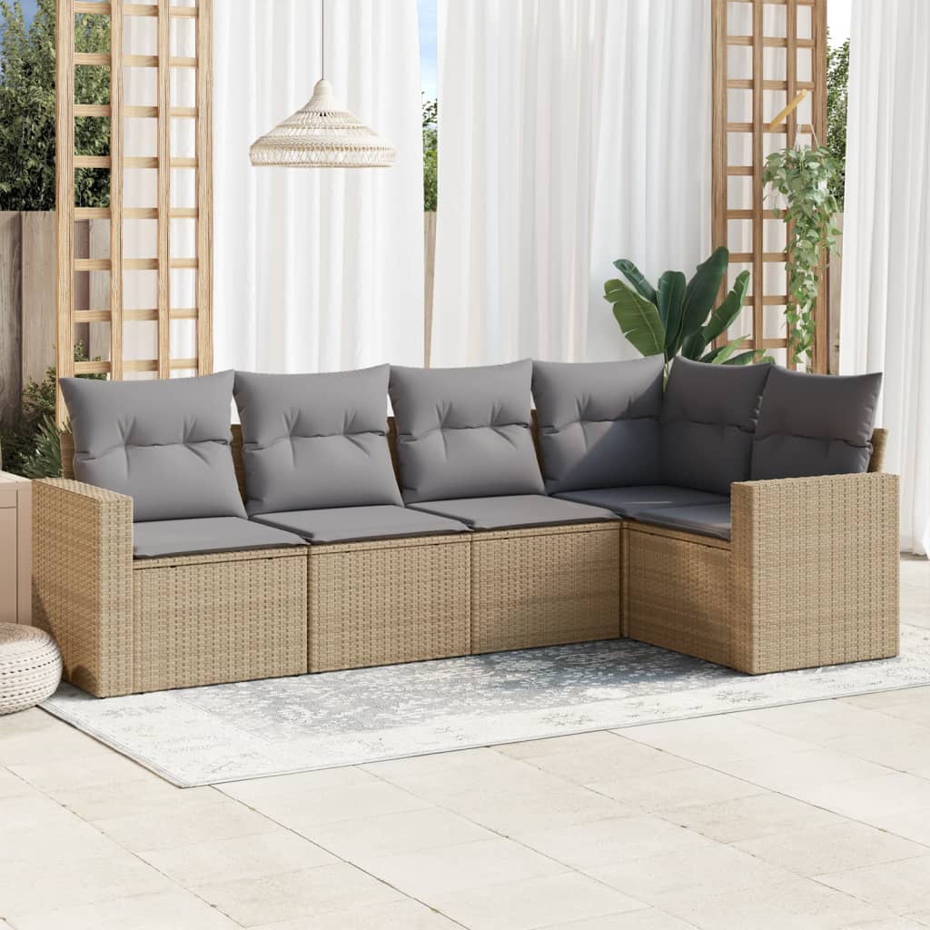 vidaXL 5-tlg. Garten-Sofagarnitur mit Kissen Beige Poly Rattan