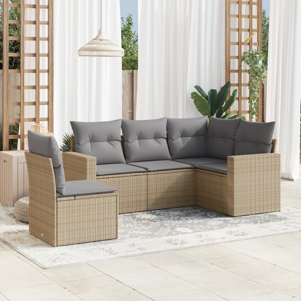 vidaXL 5-tlg. Garten-Sofagarnitur mit Kissen Beige Poly Rattan