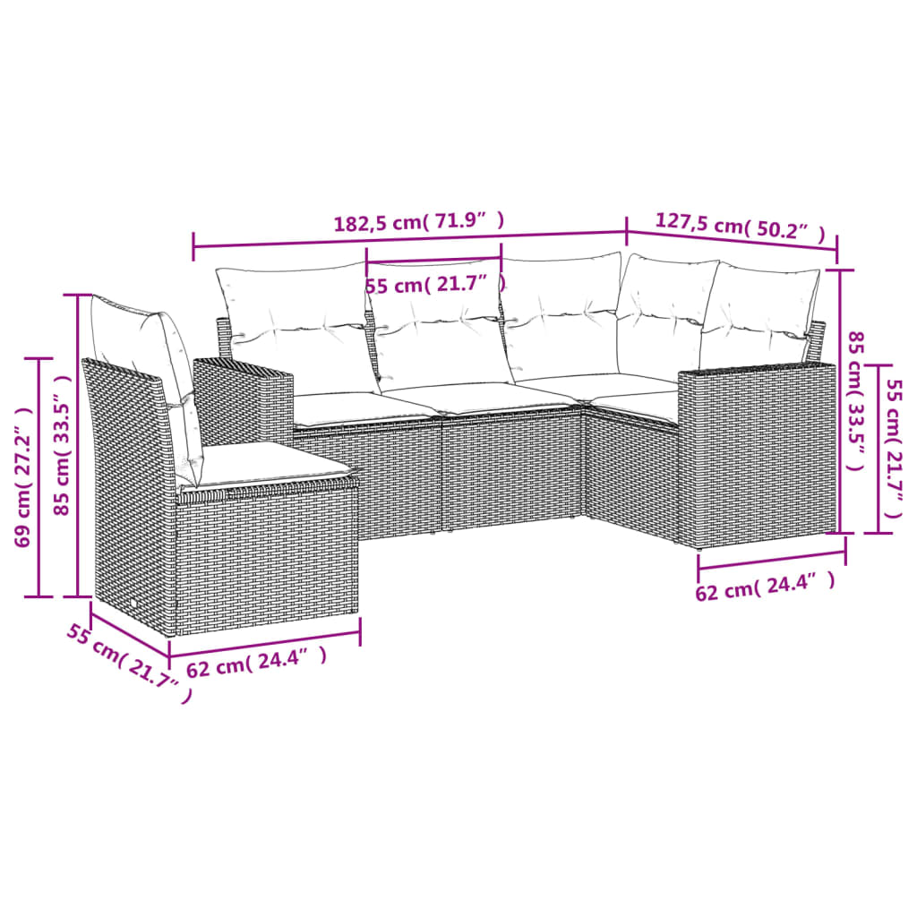 vidaXL 5-tlg. Garten-Sofagarnitur mit Kissen Hellgrau Poly Rattan