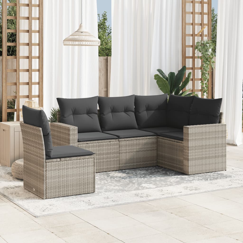 vidaXL 5-tlg. Garten-Sofagarnitur mit Kissen Hellgrau Poly Rattan