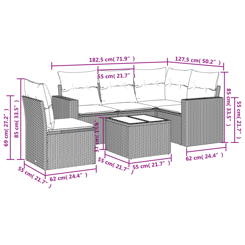 vidaXL 6-tlg. Garten-Sofagarnitur mit Kissen Beige Poly Rattan