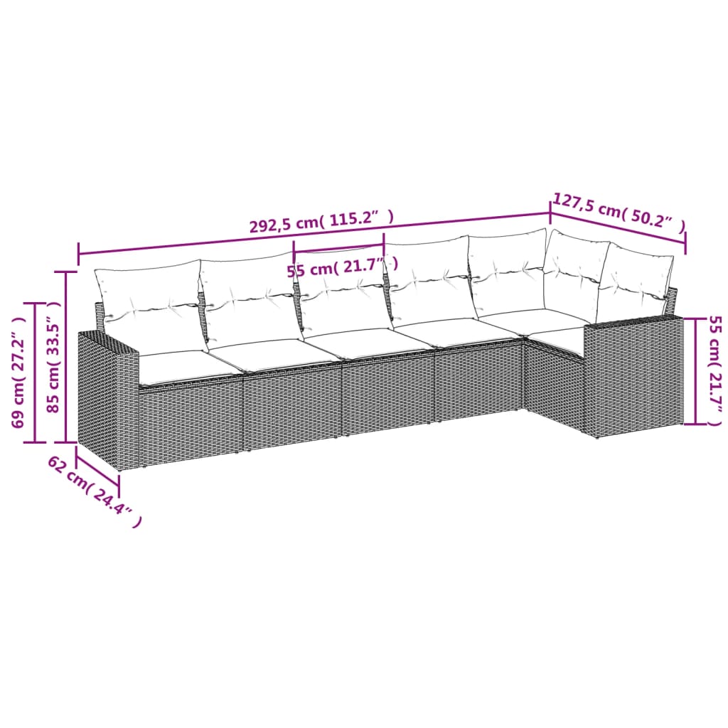 vidaXL 6-tlg. Garten-Sofagarnitur mit Kissen Hellgrau Poly Rattan