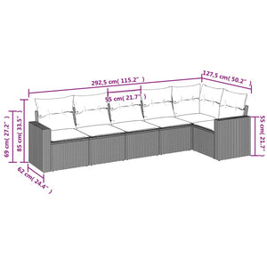 vidaXL 6-tlg. Garten-Sofagarnitur mit Kissen Hellgrau Poly Rattan