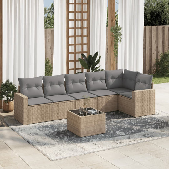 vidaXL 7-tlg. Garten-Sofagarnitur mit Kissen Beige Poly Rattan