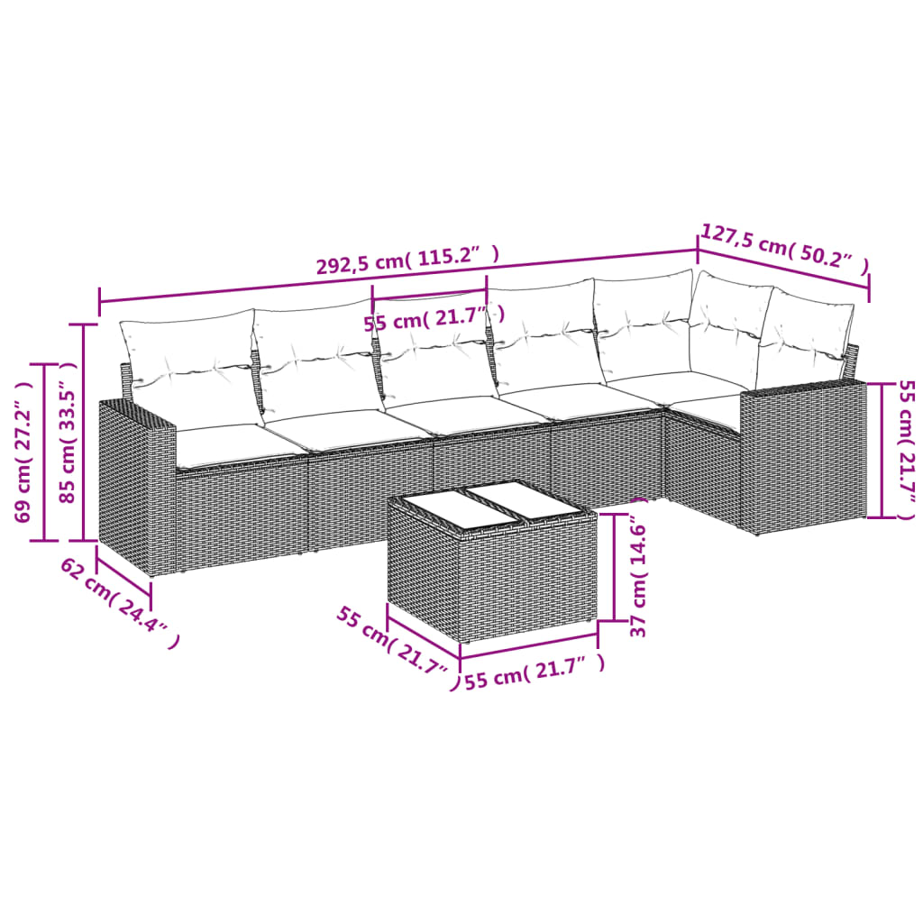 vidaXL 7-tlg. Garten-Sofagarnitur mit Kissen Grau Poly Rattan