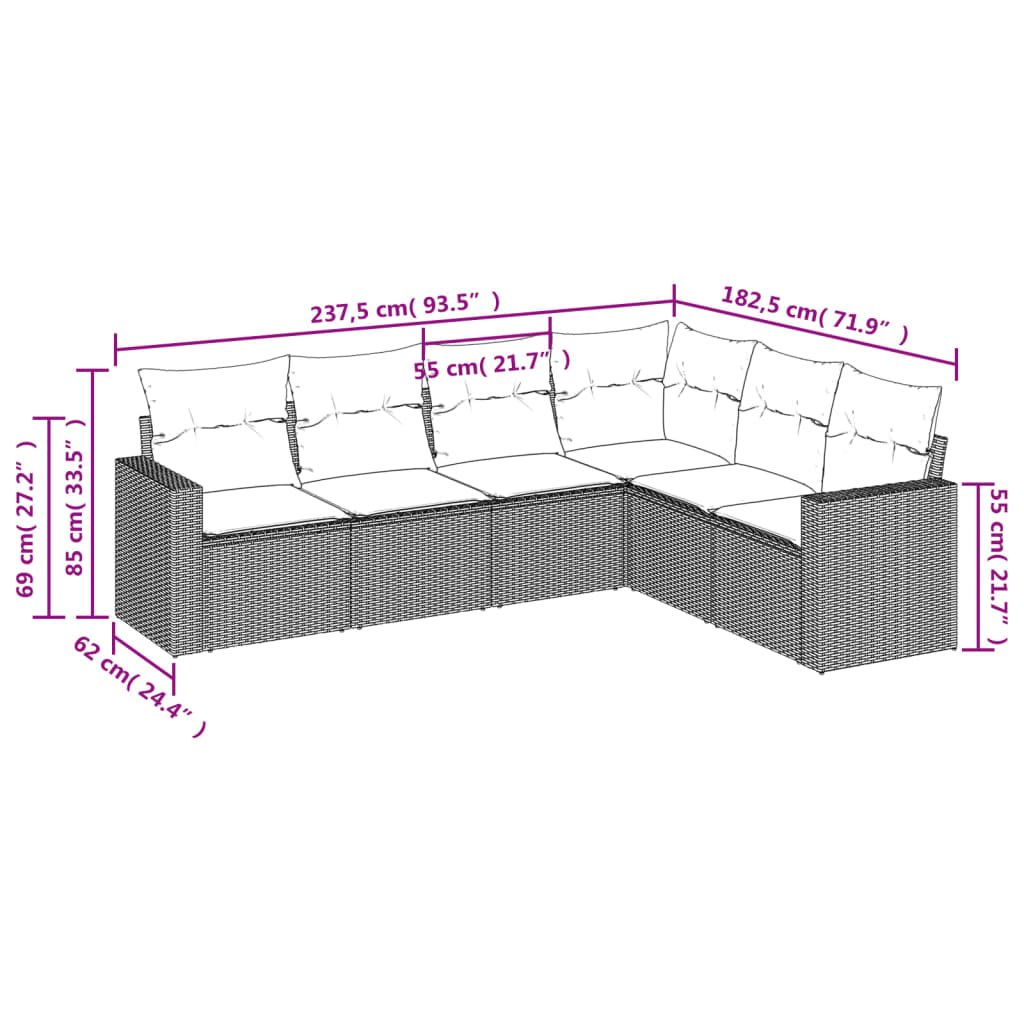 vidaXL 6-tlg. Garten-Sofagarnitur mit Kissen Beige Poly Rattan