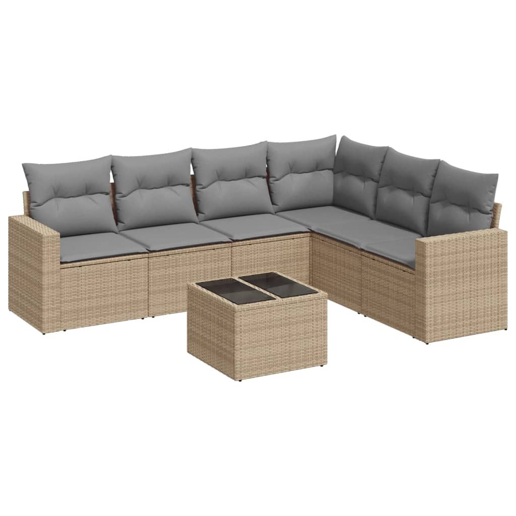 vidaXL 7-tlg. Garten-Sofagarnitur mit Kissen Beige Poly Rattan