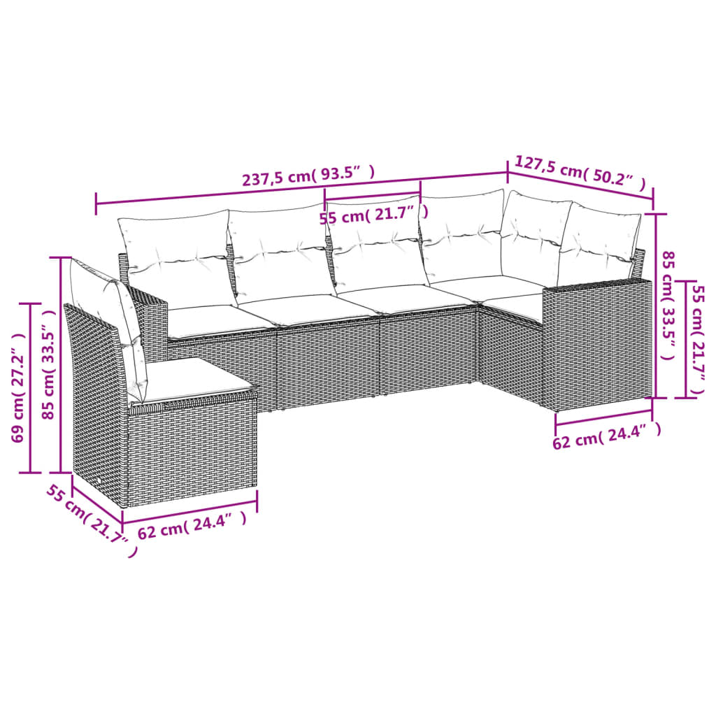 vidaXL 6-tlg. Garten-Sofagarnitur mit Kissen Beige Poly Rattan