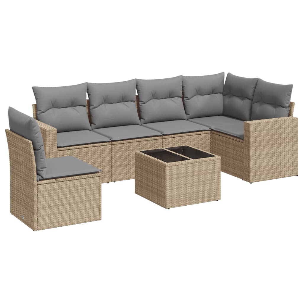 vidaXL 7-tlg. Garten-Sofagarnitur mit Kissen Beige Poly Rattan