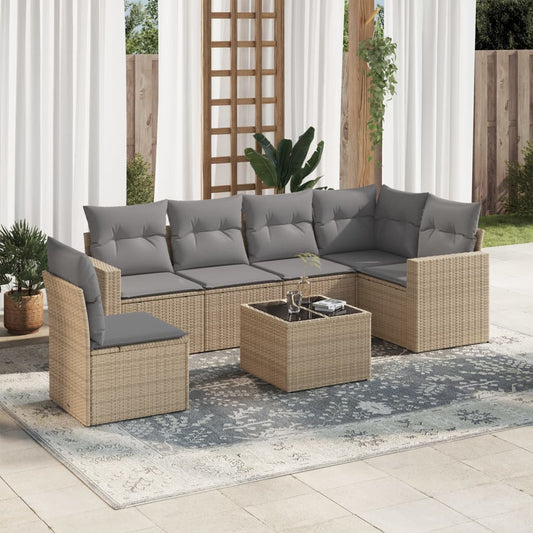 vidaXL 7-tlg. Garten-Sofagarnitur mit Kissen Beige Poly Rattan