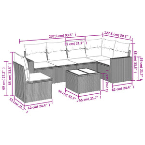 7-tlg. Garten-Sofagarnitur mit Kissen Hellgrau Poly Rattan