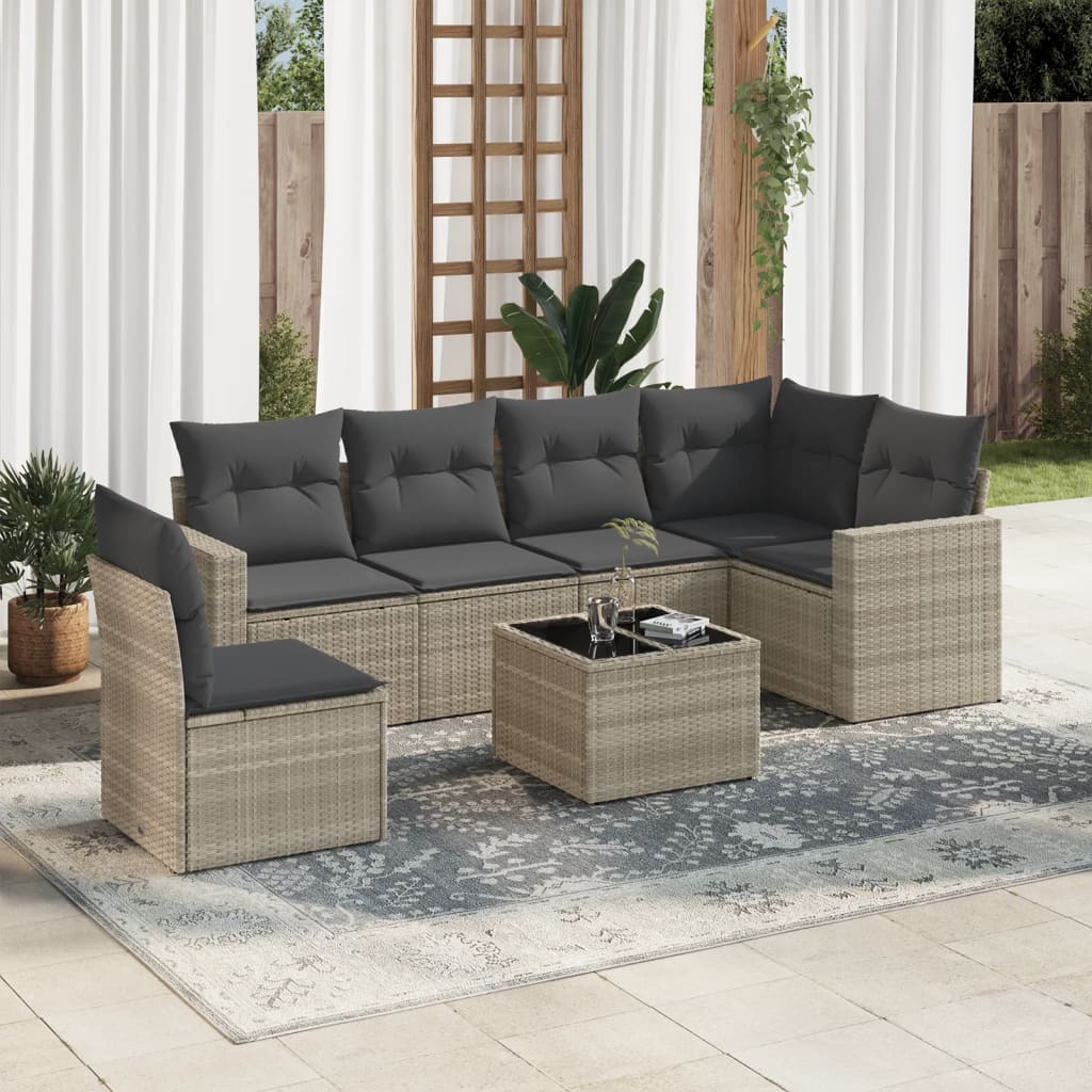 vidaXL 7-tlg. Garten-Sofagarnitur mit Kissen Hellgrau Poly Rattan