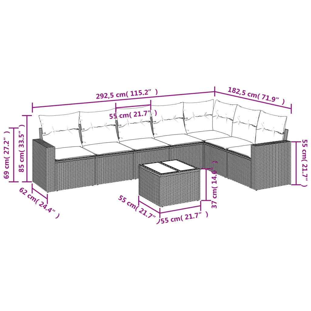 vidaXL 8-tlg. Garten-Sofagarnitur mit Kissen Beige Poly Rattan