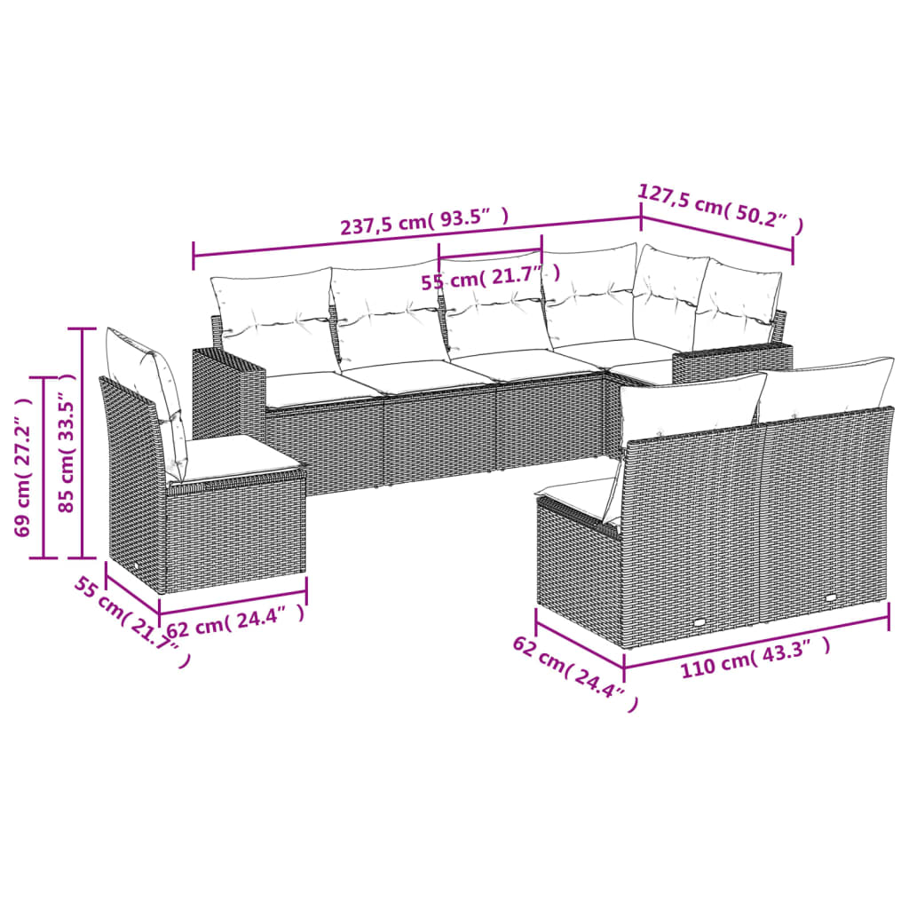 8-tlg. Garten-Sofagarnitur mit Kissen Hellgrau Poly Rattan