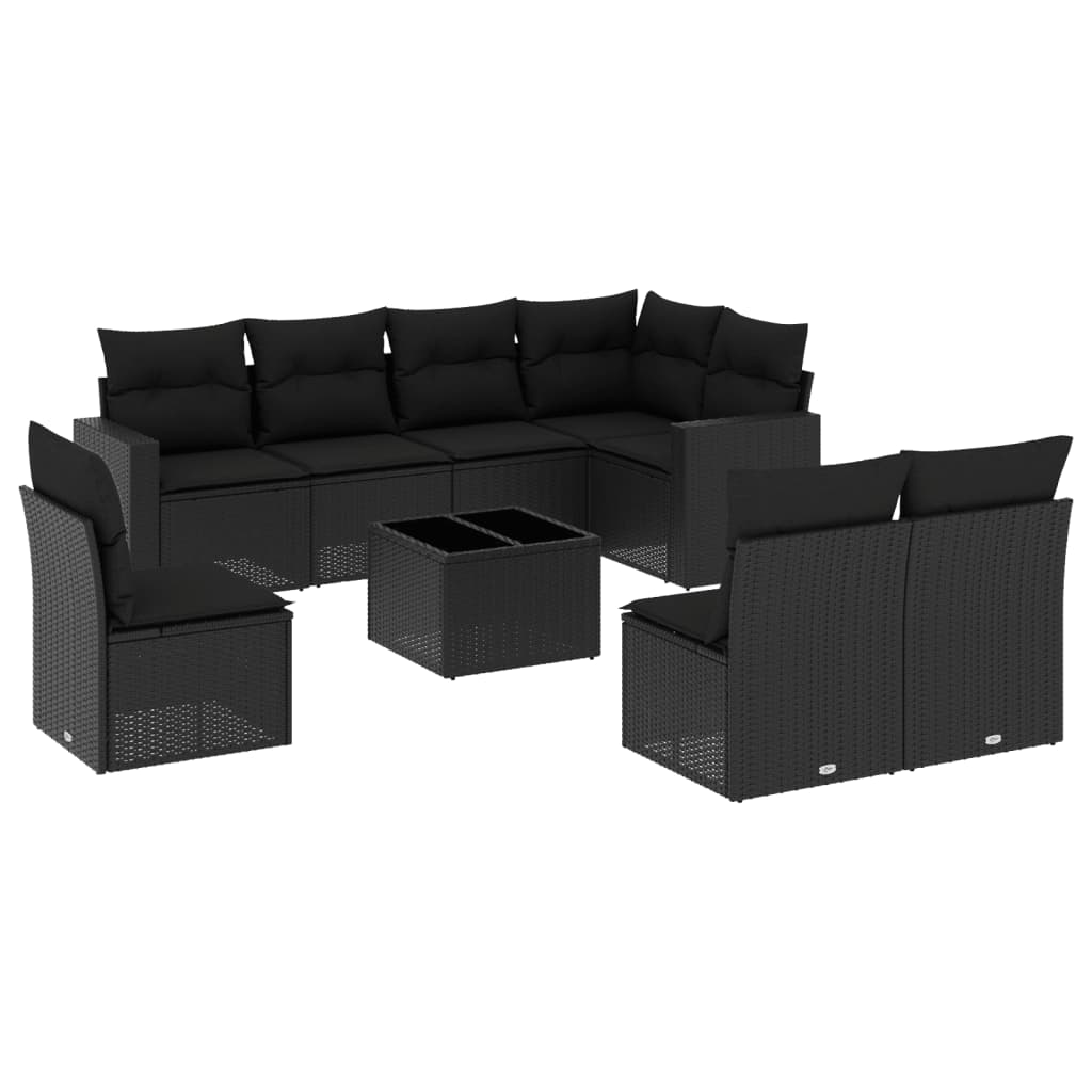 vidaXL 9-tlg. Garten-Sofagarnitur mit Kissen Schwarz Poly Rattan